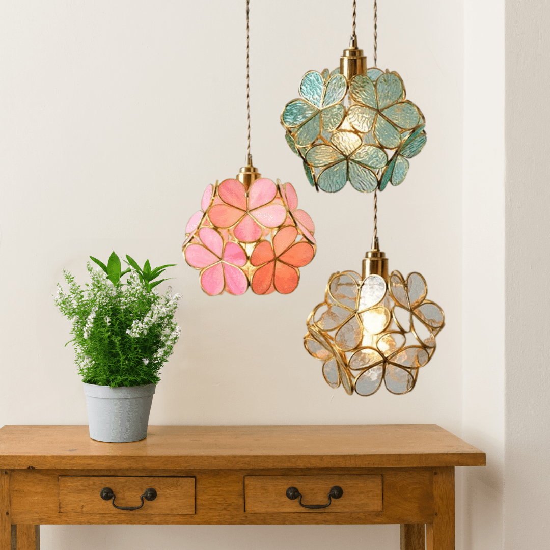 Sculptural Glass Hanging Light 9 Inch Floral Design Warm LED Adjustable Ceiling Fixture for Bedroom Kitchen Dining Nook Modern Botanical Ins