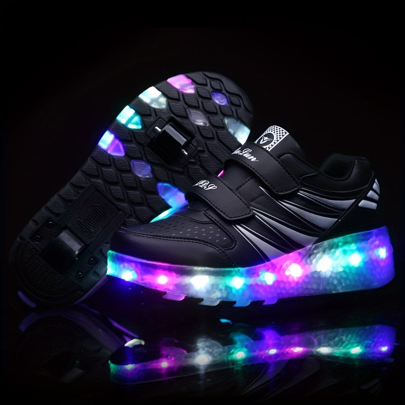 Kids Light-Up Wheeled Shoes with Removable Rollers LED Sneakers Hook-and-Loop Strap Pink Faux Leather for Boys Girls Active Play