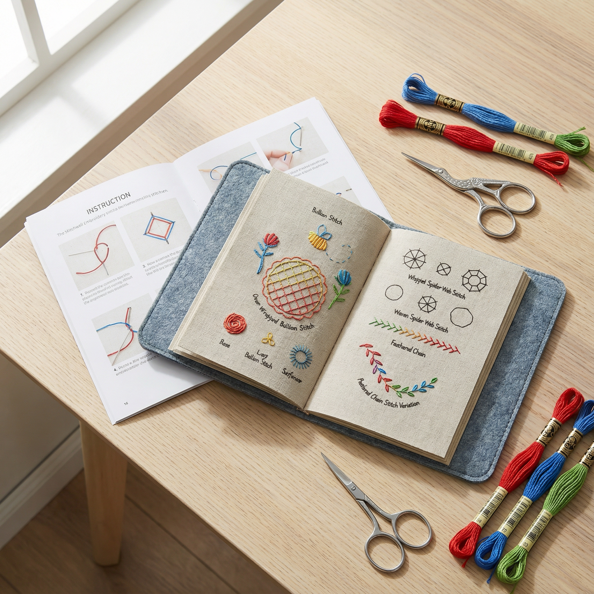 Removable-Page Needlework Learning Kit with 106 Techniques on Linen Sheets & 86-Piece Tool Set for Beginners