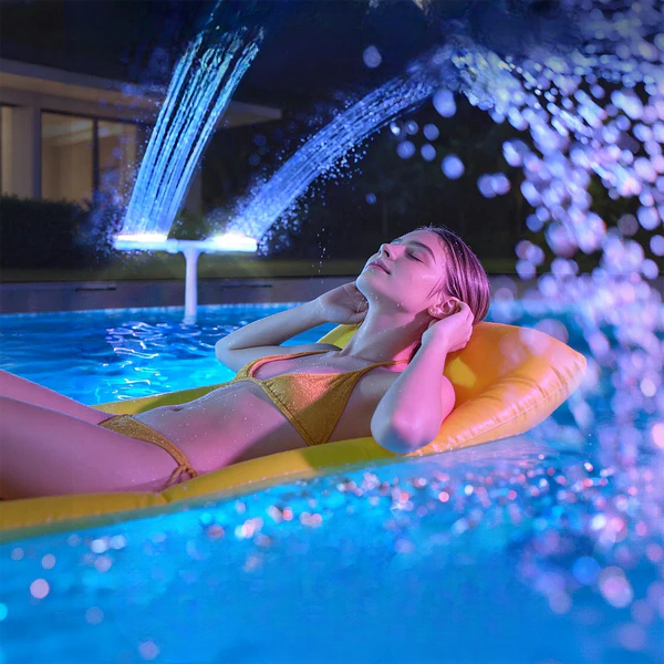 Solar Pool Fountain with Color-Changing LED Lights Dual Arc Spray 18-Light RGB Auto-Dusk Wireless Rechargeable for Intex Bestway Above Groun