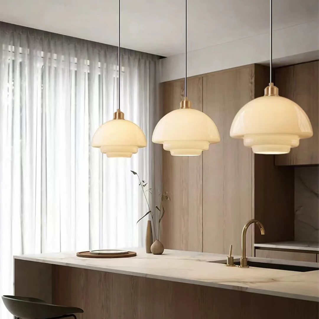 Adjustable Drop Ceiling Light with Cream Glass Shade and Gold Finish for Dining Room Kitchen Island Counter 47 in Cord E27 Socket Modern Far
