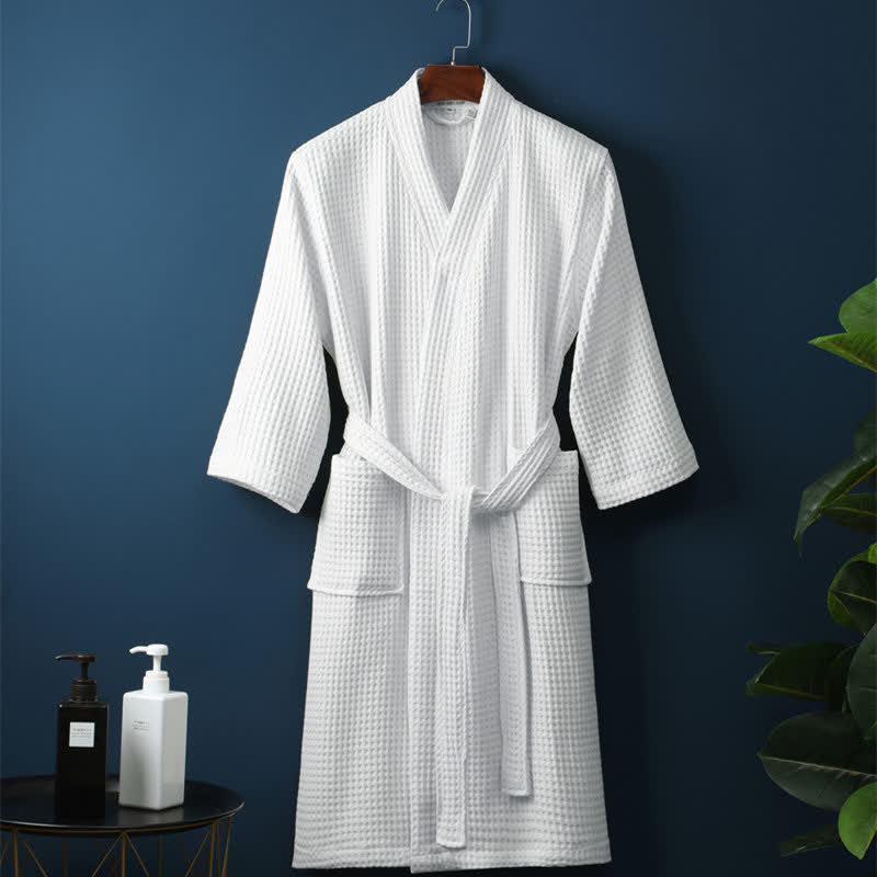 Cotton Waffle Robe V-Neck Lightweight Spa Bathrobe for Women & Men with Pockets Absorbent Loungewear for Bedroom Bathroom Shower