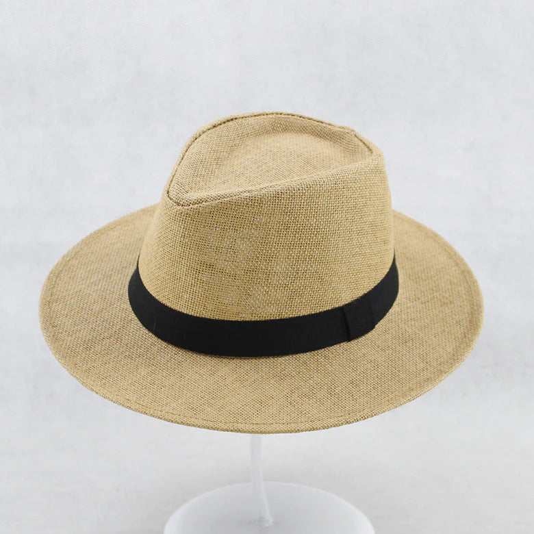Sombrero Fedora de paja con protección UPF 50+, ala con alambre y banda de cuero para hombre y mujer