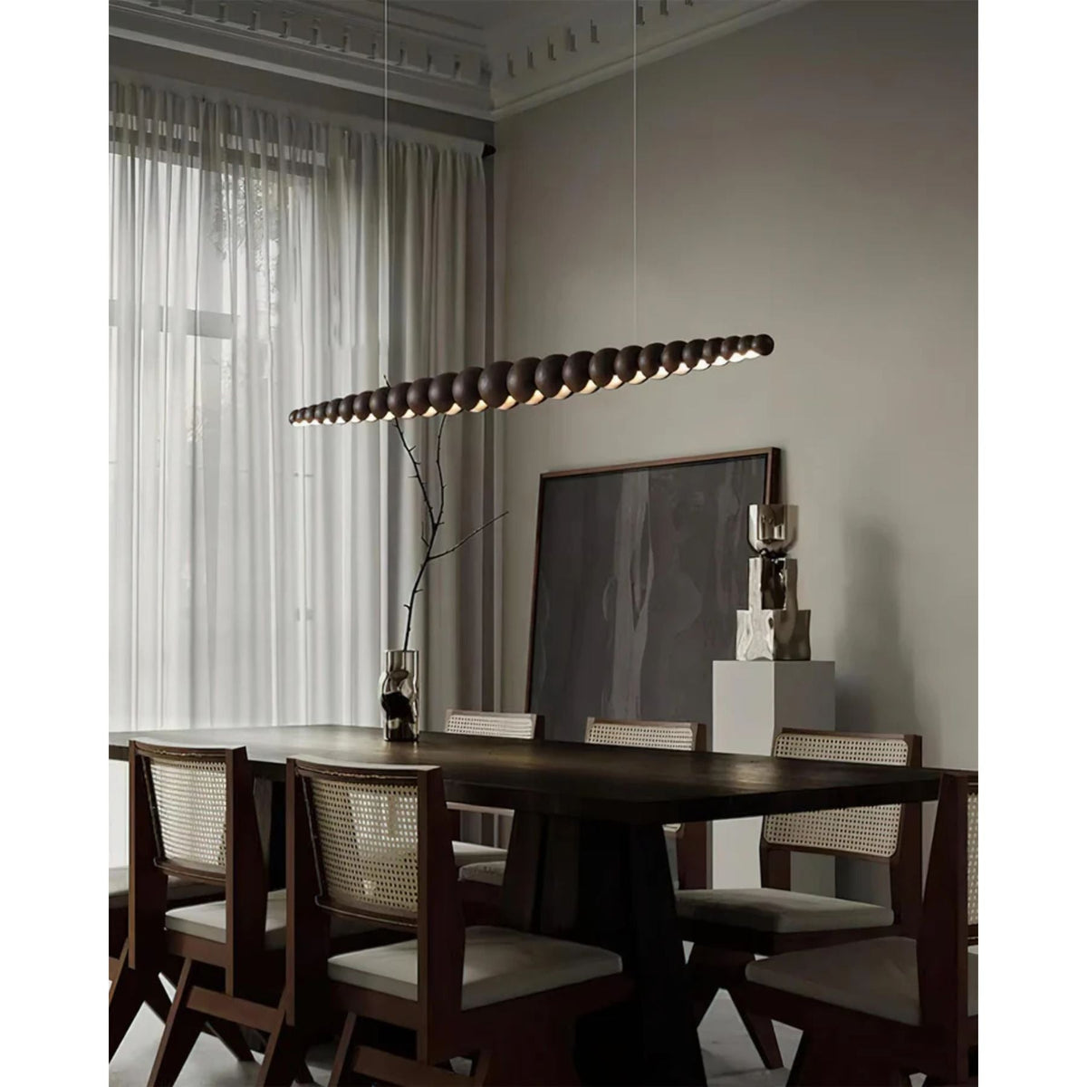 Linear LED Ceiling Fixture Wood & Metal 3000K Over Island Kitchen Dining Room Adjustable Height Suspended Bar Light Modern Minimalist Scandi