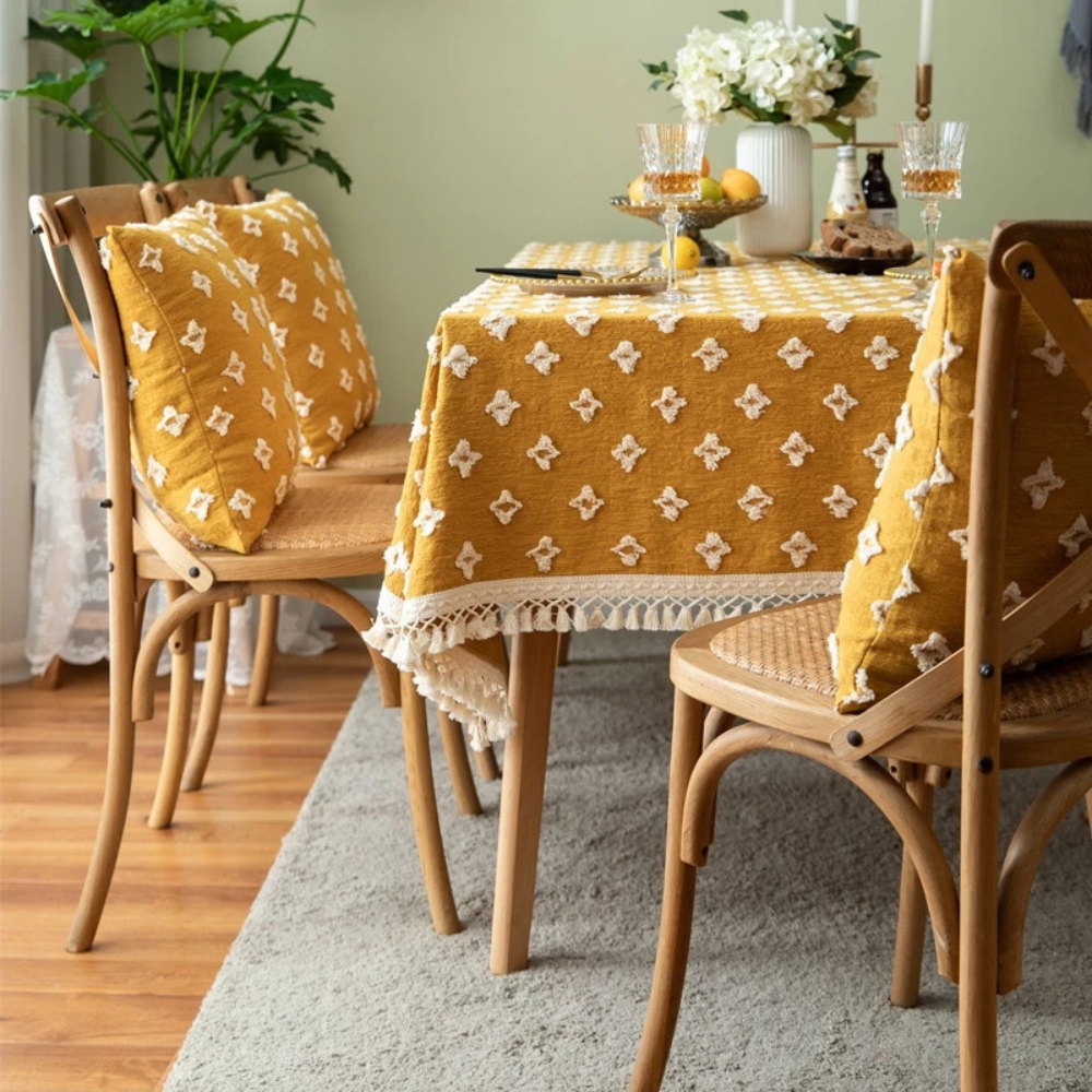 Viora Tablecloth - Cotton Blend, Embroidered with Tassel Detail