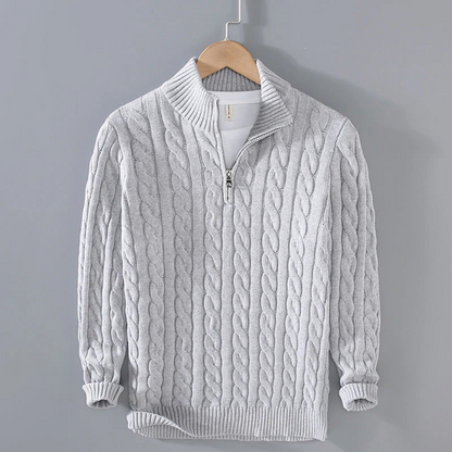Cable-Knit Quarter-Zip Sweater for Men – 100% Cotton Stand-Collar Pullover for Fall & Winter