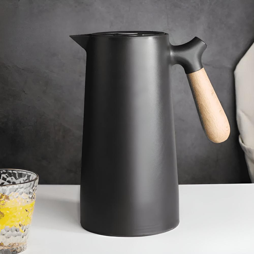 Vacuum Insulated Thermal Carafe 34 oz with Wood Grip – Drip-Free Spout for Coffee & Tea – Home Kitchen & Office