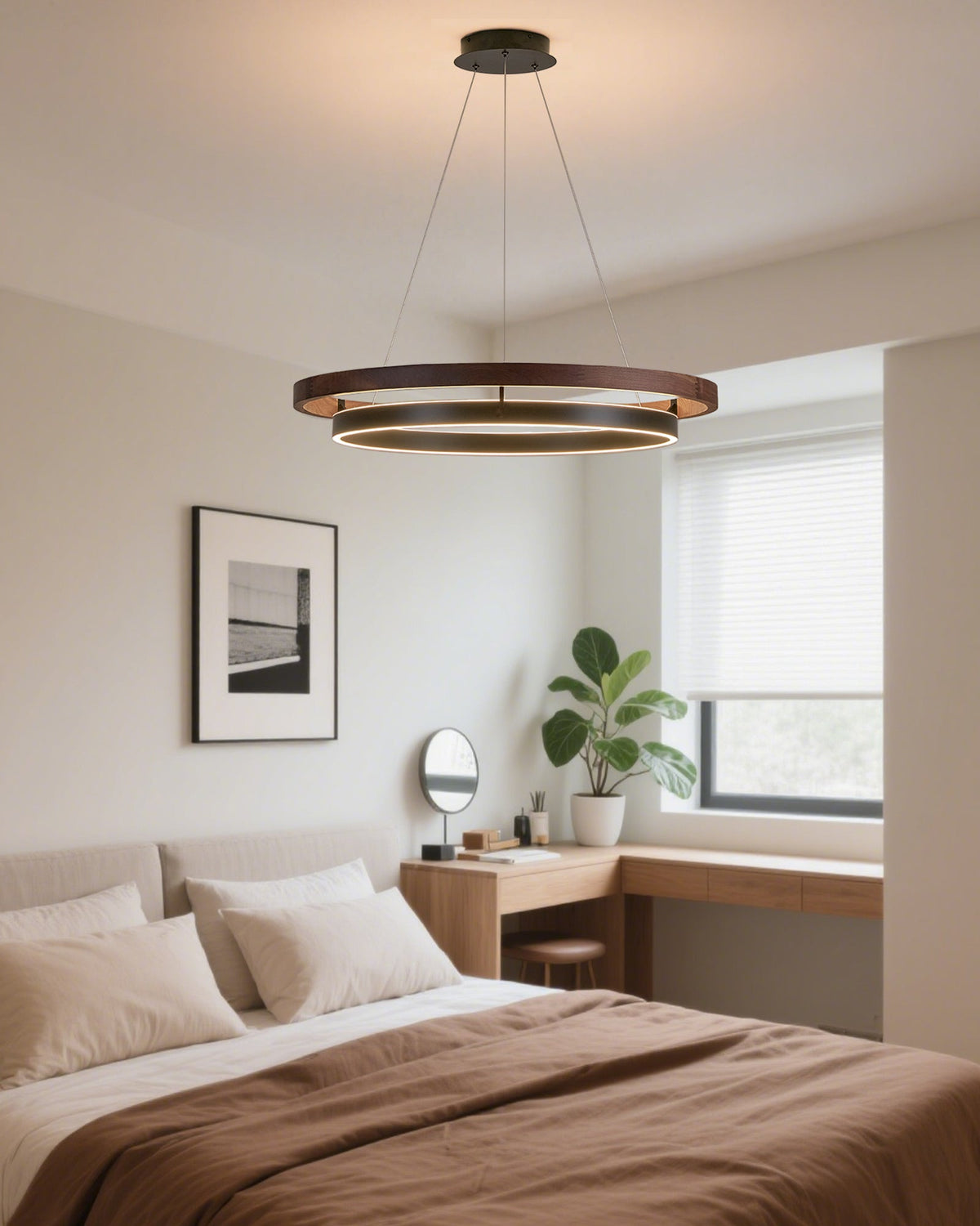 Circular Wood Ring Chandelier with LED Lighting 24-47 Inches Adjustable Height Farmhouse Dining Room Kitchen Island Ceiling Fixture