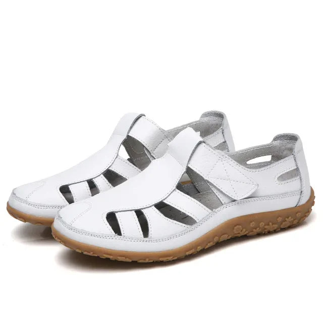 Women's Leather Sandals with Hook-and-Loop Straps & Cushioned Footbed | Summer Walking Shoes with Adjustable Fit