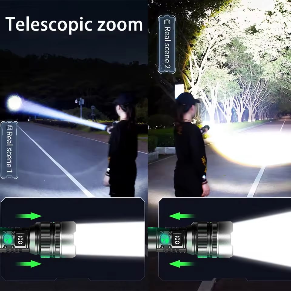Linterna LED recargable por USB con enfoque de zoom ajustable para camping, emergencias y uso al aire libre