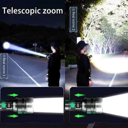 Linterna LED recargable por USB con enfoque de zoom ajustable para camping, emergencias y uso al aire libre