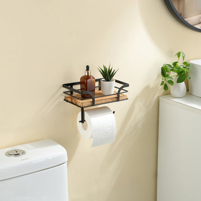 Metal & Wood Bathroom Tissue Dispenser Shelf 7.9 Inches Wall Mount Organizer Powder Room Storage Rack Home Essentials Holder for Small Space