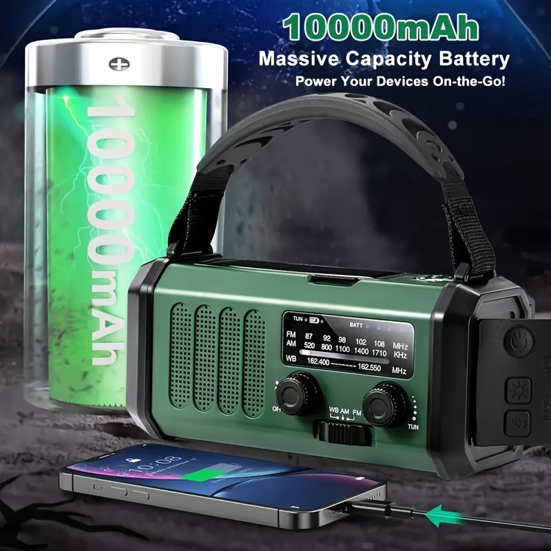 Radio meteorológica de emergencia con panel solar, linterna de manivela, batería externa de 10000 mAh, AM FM NOAA, SOS, brújula, recargable por USB-C, para camping y supervivencia