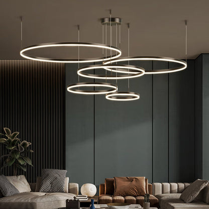 Multi-Ring LED Chandelier Adjustable Height Metal Acrylic Fixture 16-31 Inch Diameter Dimmable Suspended Ceiling Light for Dining Room Kitch