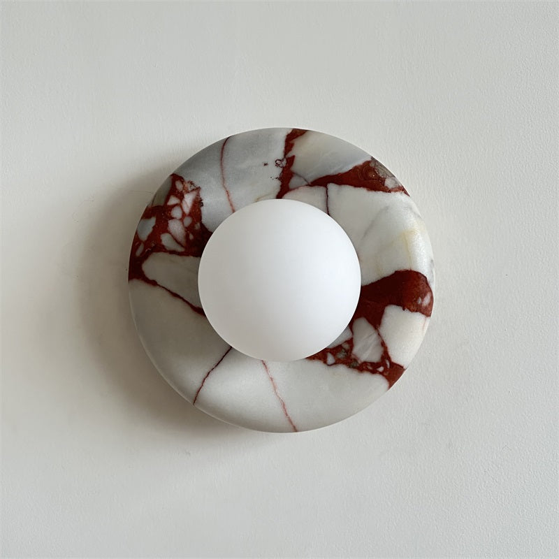 Round Glass Sconce with Natural Stone Backplate – 8-Inch Contemporary Fixture for Entryways, Bedrooms & Corridors