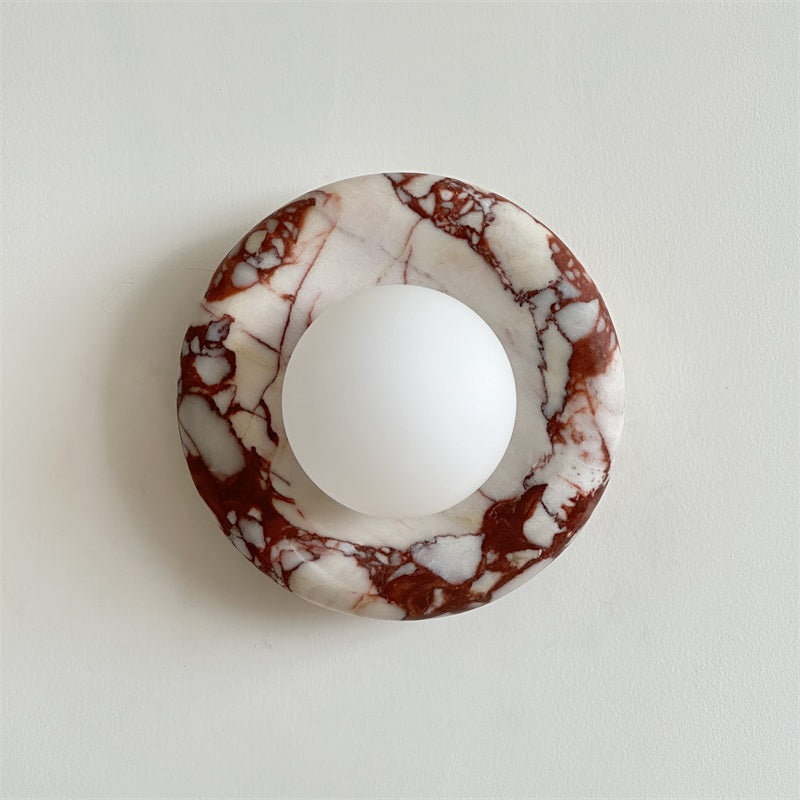 Round Glass Sconce with Natural Stone Backplate – 8-Inch Contemporary Fixture for Entryways, Bedrooms & Corridors