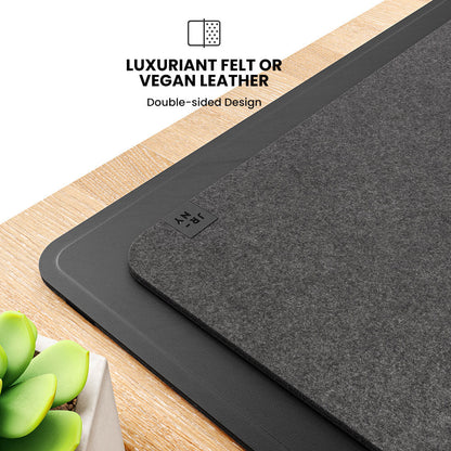 Wireless Charging Desk Pad with Dual Qi Charger & Reversible Surface – Vegan Leather & Felt Mat for Home Office