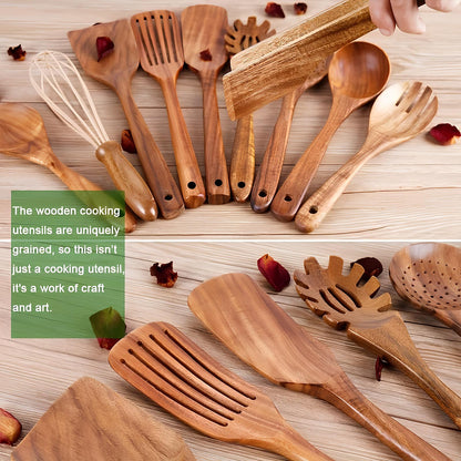 11-Piece Wooden Cooking Utensil Set with Holder Natural Teak Wood Spoons Spatulas for Nonstick Pans Kitchen Tools Organizer