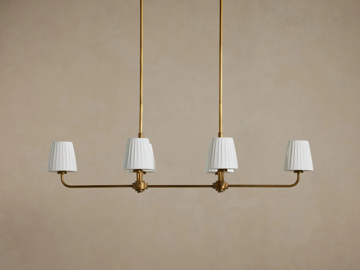 6-Light Rectangular Chandelier with Fabric Shades – Brass Finish – 54×20 in Dining Room Ceiling Fixture for Modern Traditional Homes