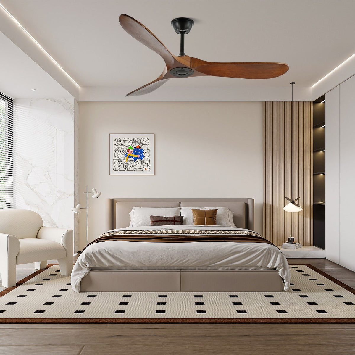 Wooden Blade Ceiling Fan with Remote Control 6 Speed Whisper-Quiet Motor Walnut Finish Adjustable Suspension for Living Room Bedroom Home Of