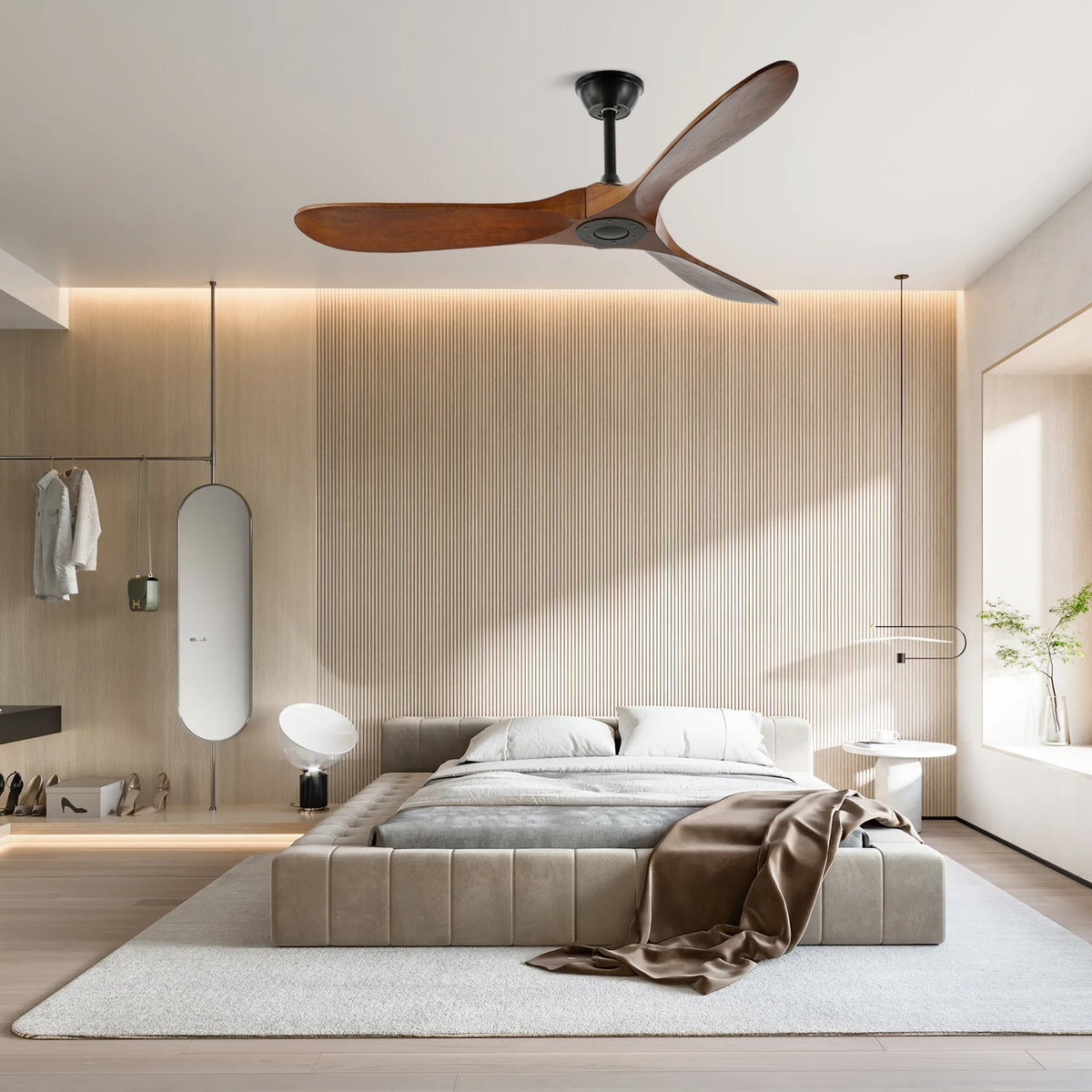 Wooden Blade Ceiling Fan with Remote Control 6 Speed Whisper-Quiet Motor Walnut Finish Adjustable Suspension for Living Room Bedroom Home Of