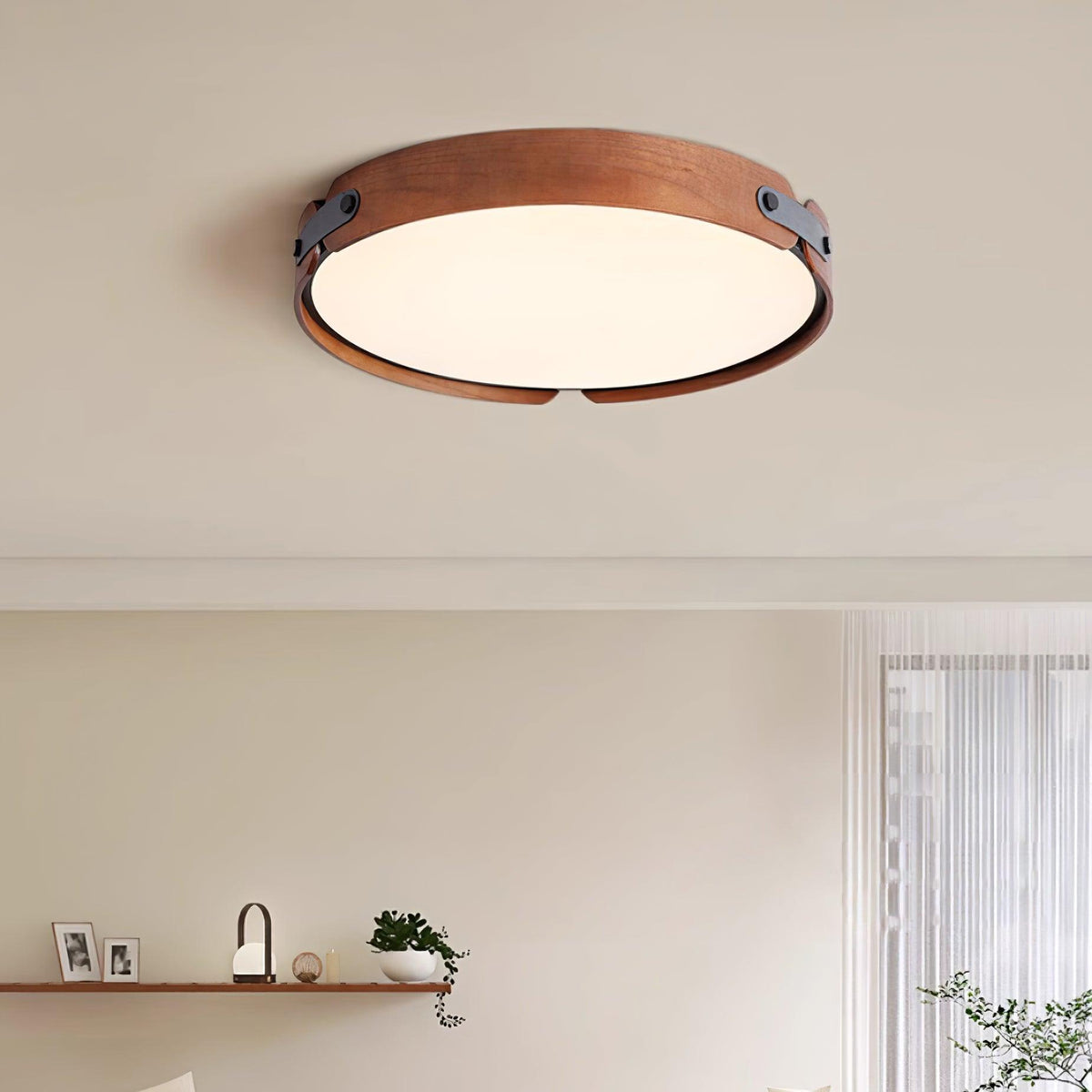 Flush Mount LED Wood Ceiling Light 16.5 in Wireless Dimmer Remote Control for Bedroom Bathroom Hallway Indoor Natural Walnut Finish Low Prof