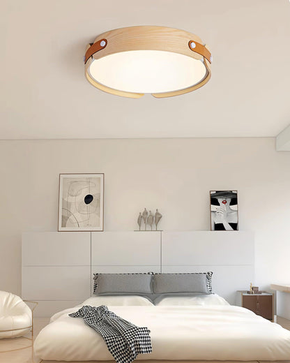 Flush Mount LED Wood Ceiling Light 16.5 in Wireless Dimmer Remote Control for Bedroom Bathroom Hallway Indoor Natural Walnut Finish Low Prof