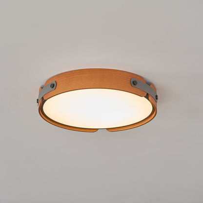 Flush Mount LED Wood Ceiling Light 16.5 in Wireless Dimmer Remote Control for Bedroom Bathroom Hallway Indoor Natural Walnut Finish Low Prof