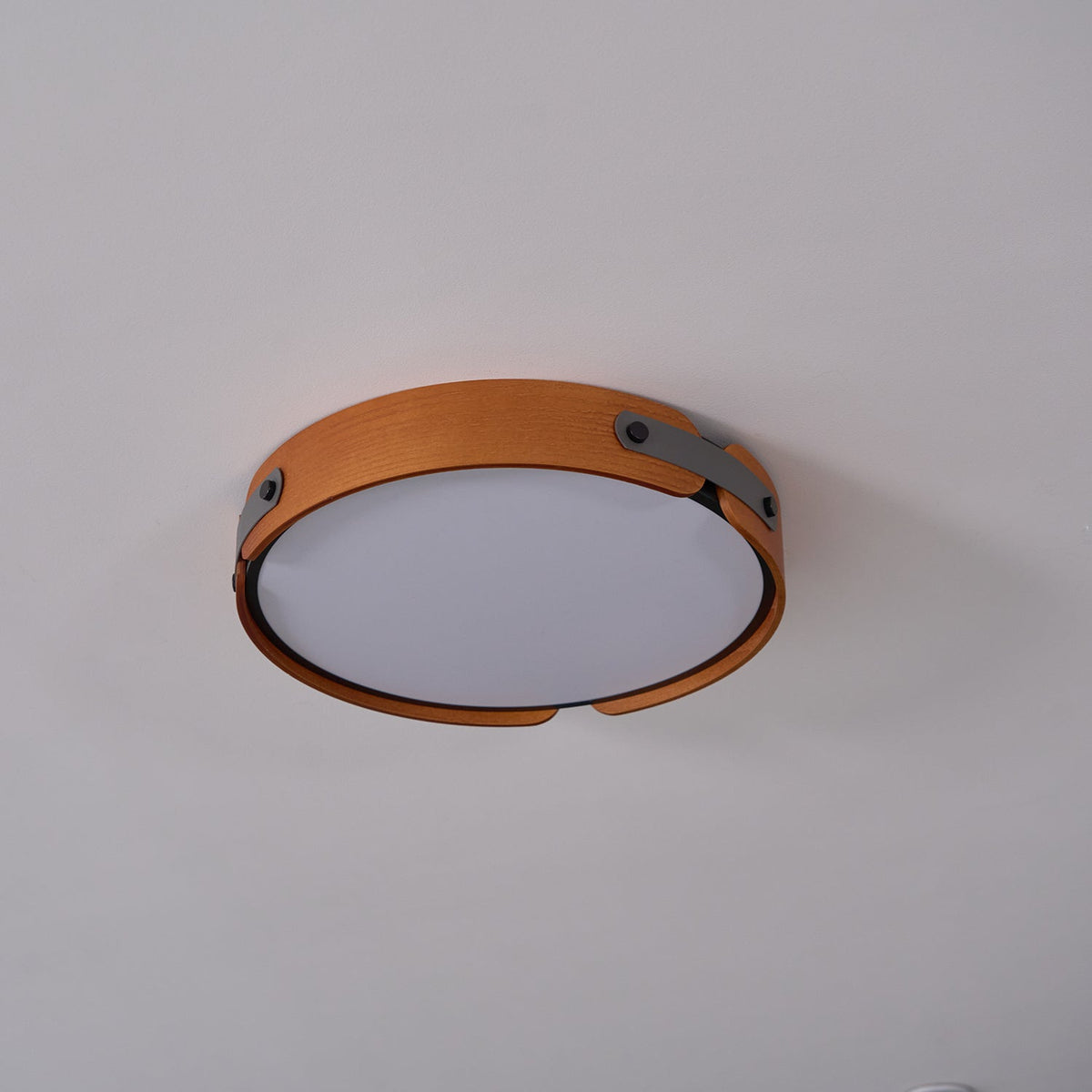 Flush Mount LED Wood Ceiling Light 16.5 in Wireless Dimmer Remote Control for Bedroom Bathroom Hallway Indoor Natural Walnut Finish Low Prof