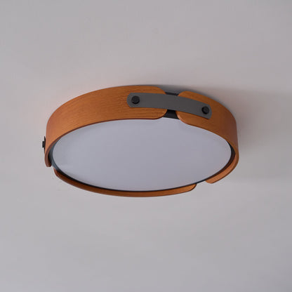 Flush Mount LED Wood Ceiling Light 16.5 in Wireless Dimmer Remote Control for Bedroom Bathroom Hallway Indoor Natural Walnut Finish Low Prof