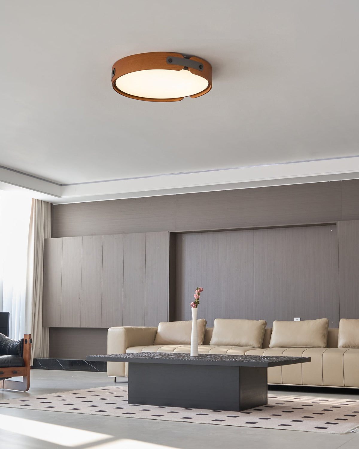 Flush Mount LED Wood Ceiling Light 16.5 in Wireless Dimmer Remote Control for Bedroom Bathroom Hallway Indoor Natural Walnut Finish Low Prof
