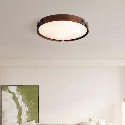 Flush Mount LED Wood Ceiling Light 16.5 in Wireless Dimmer Remote Control for Bedroom Bathroom Hallway Indoor Natural Walnut Finish Low Prof