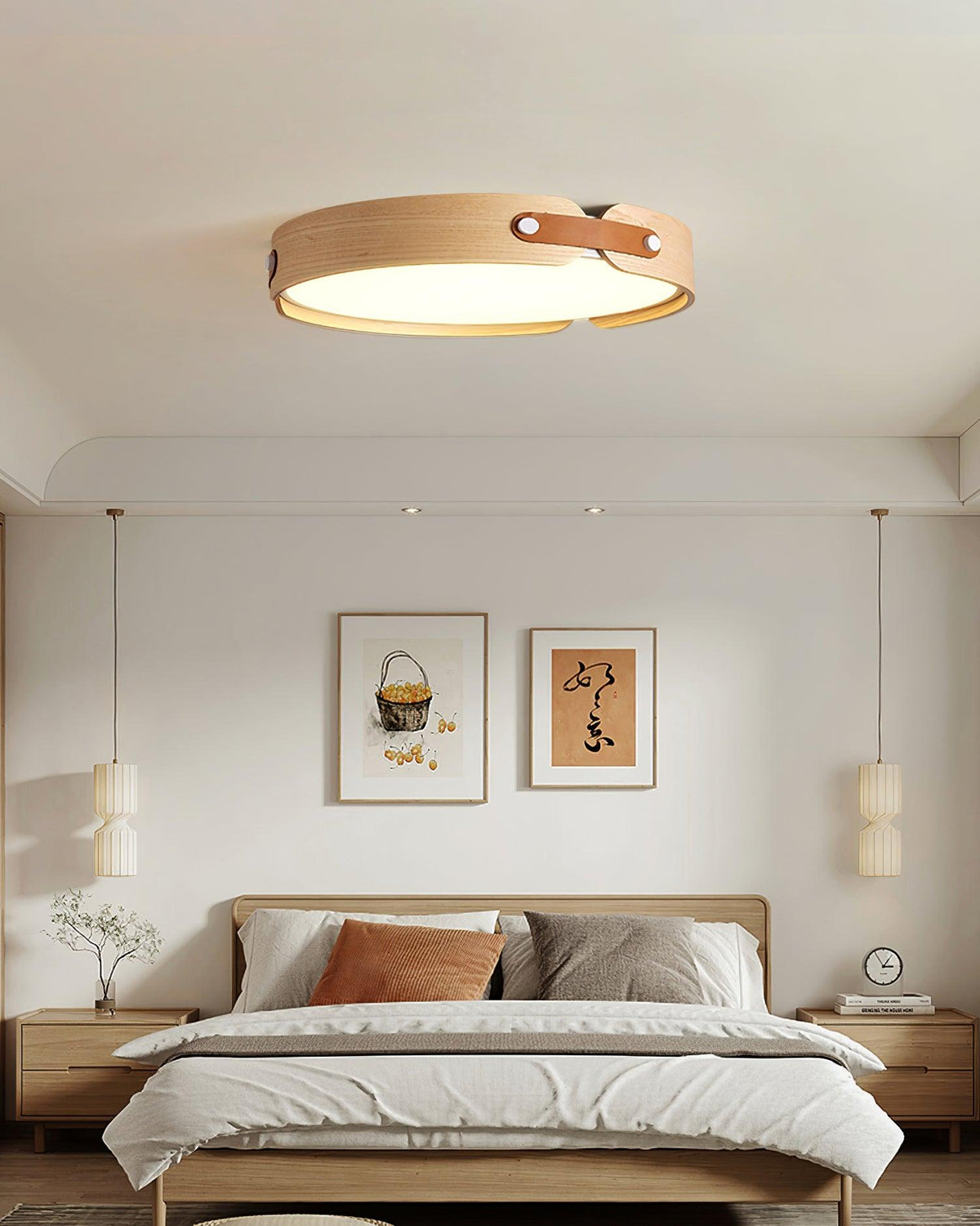 Flush Mount LED Wood Ceiling Light 16.5 in Wireless Dimmer Remote Control for Bedroom Bathroom Hallway Indoor Natural Walnut Finish Low Prof