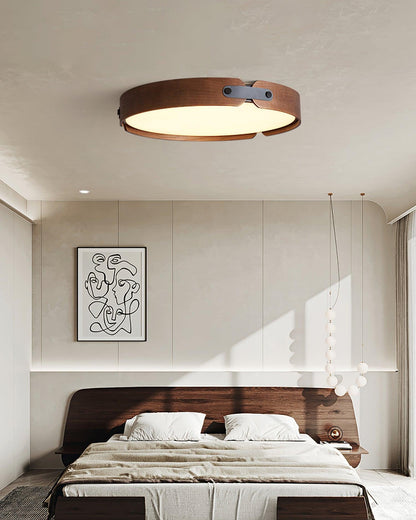 Flush Mount LED Wood Ceiling Light 16.5 in Wireless Dimmer Remote Control for Bedroom Bathroom Hallway Indoor Natural Walnut Finish Low Prof