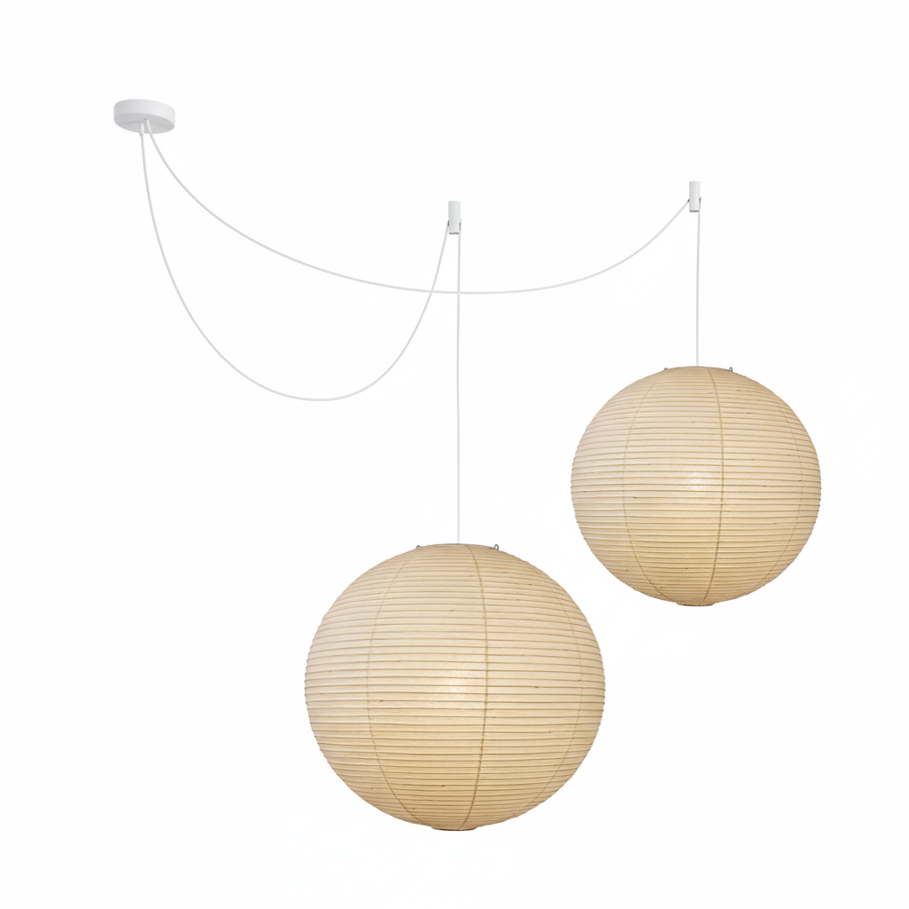 Spherical Wire-Frame Ceiling Fixture with Paper Diffuser for Kitchens & Dining Spaces – Sculptural Overhead Lighting – Adjustable Height Up