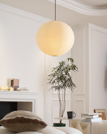 Spherical Wire-Frame Ceiling Fixture with Paper Diffuser for Kitchens & Dining Spaces – Sculptural Overhead Lighting – Adjustable Height Up
