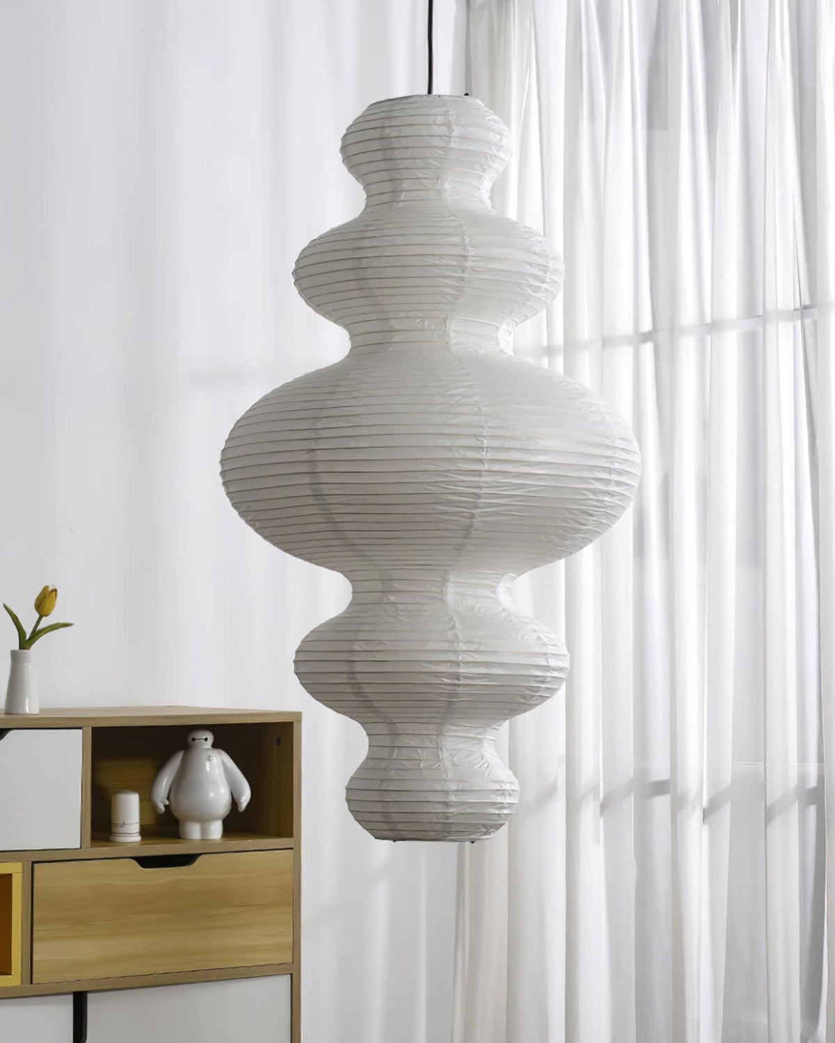 Hanging Lantern Fixture 19-Inch Natural Fiber Shade White Orb Ceiling Light Adjustable 59-Inch Cord for Dining Room Kitchen Island Asian-Ins