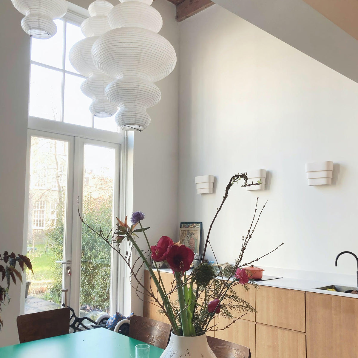 Hanging Lantern Fixture 19-Inch Natural Fiber Shade White Orb Ceiling Light Adjustable 59-Inch Cord for Dining Room Kitchen Island Asian-Ins