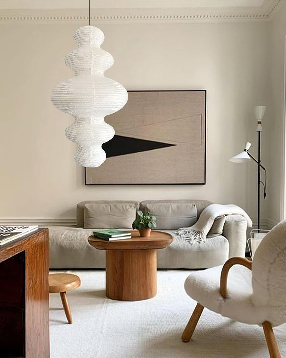 Hanging Lantern Fixture 19-Inch Natural Fiber Shade White Orb Ceiling Light Adjustable 59-Inch Cord for Dining Room Kitchen Island Asian-Ins