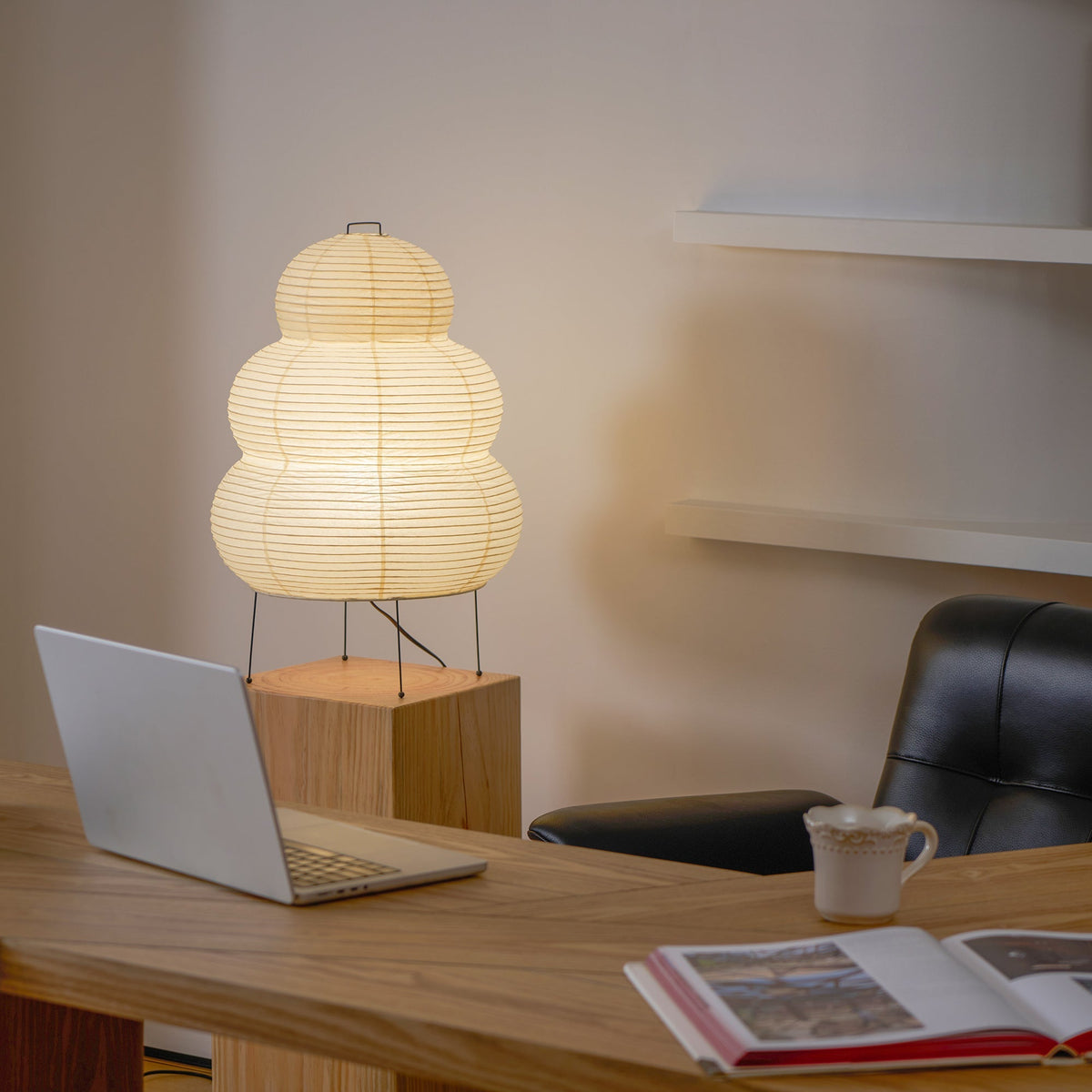 Handcrafted Paper Shade Accent Lamp 10 in Wide Warm Glow LED Bedside Nightlight for Bedroom Office Desktop Reading Nook Minimalist Japanese