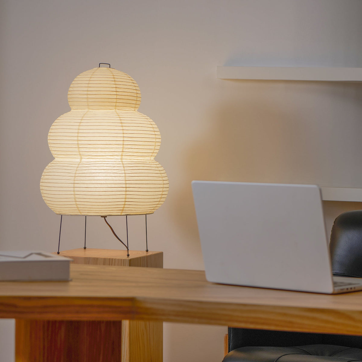 Handcrafted Paper Shade Accent Lamp 10 in Wide Warm Glow LED Bedside Nightlight for Bedroom Office Desktop Reading Nook Minimalist Japanese