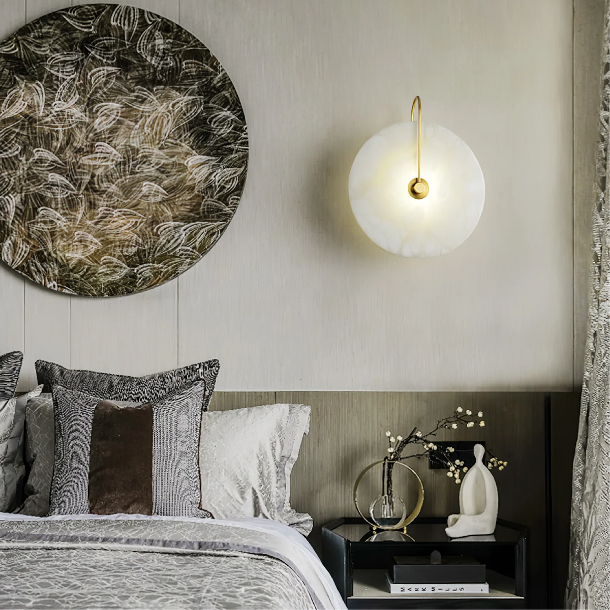Natural Stone Sconce with Integrated LED 6-12 inch Diameter Warm White Light for Bedroom Hallway Living Room Available in Gold or Black Meta
