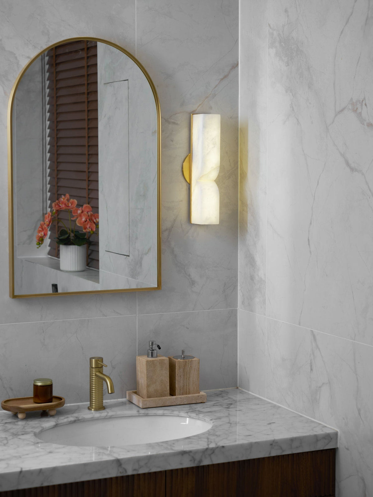 Alabaster LED Wall Light Fixture 14 inches Hardwired Gold Black Finish Adjustable Color Temperature for Bedroom Hallway Living Room Modern A