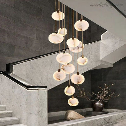 Spiral Alabaster Stairwell Chandelier Modern Multi-Tier Brass Fixture for Foyer Entryway High Ceiling Living Room