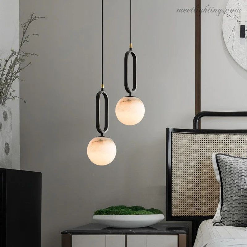 Oval Alabaster Pendant Light with Teardrop Shape for Dining Room & Living Room – Hardwired Ceiling Fixture – G9 Bulb Included