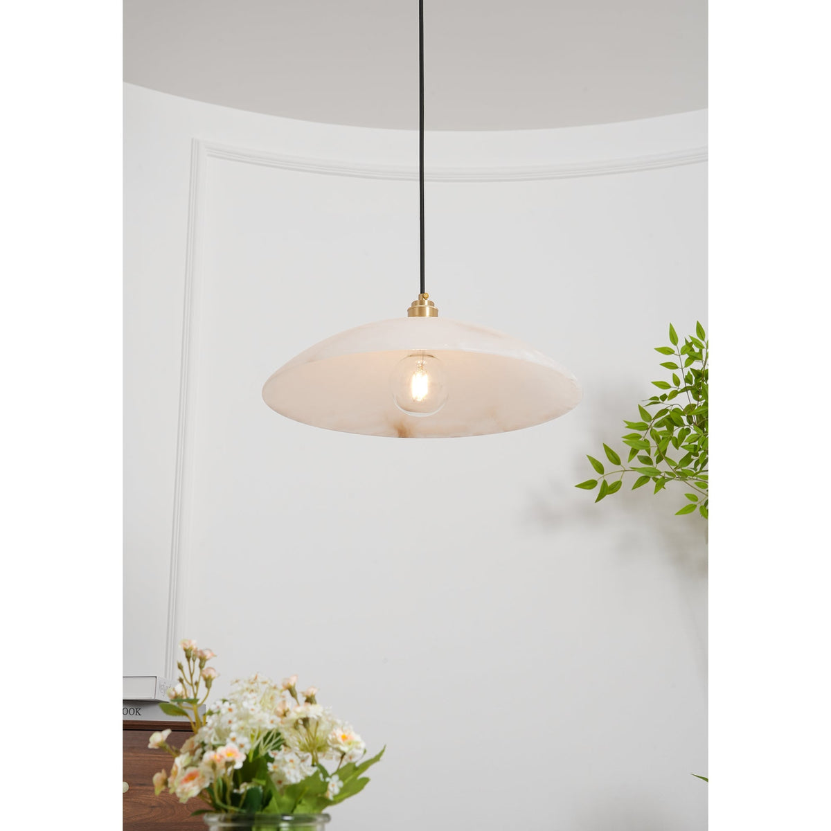 Globe Ceiling Light Fixture White Stone 16-Inch Dome Adjustable Cable Kitchen Island Dining Living Room Suspended Lamp E26 Socket