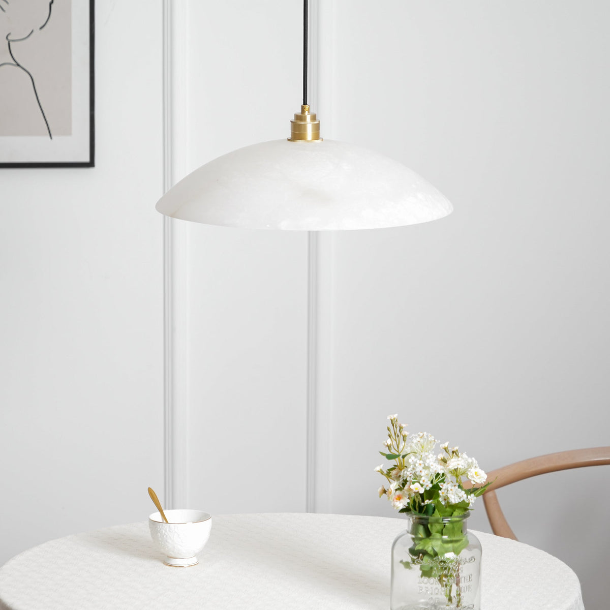 Globe Ceiling Light Fixture White Stone 16-Inch Dome Adjustable Cable Kitchen Island Dining Living Room Suspended Lamp E26 Socket