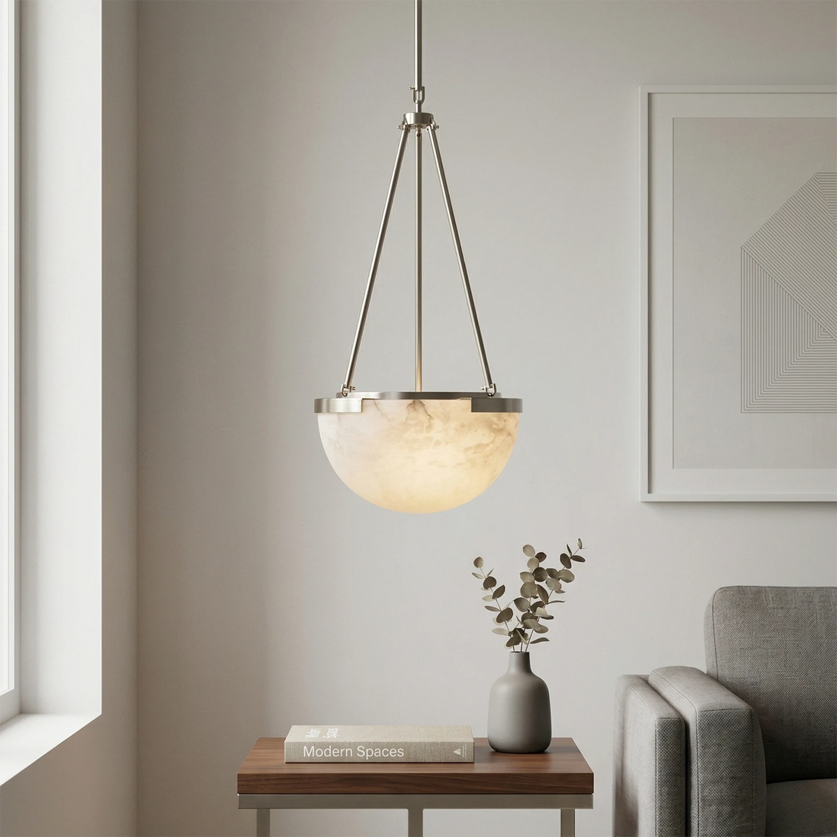 Alabaster Pendant Light with Metal Frame – Modern Kitchen Pendant Lighting for Island, Unique Design, Warm Glow