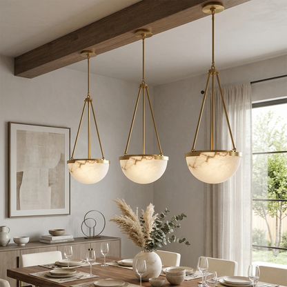 Alabaster Pendant Light with Metal Frame – Modern Kitchen Pendant Lighting for Island, Unique Design, Warm Glow