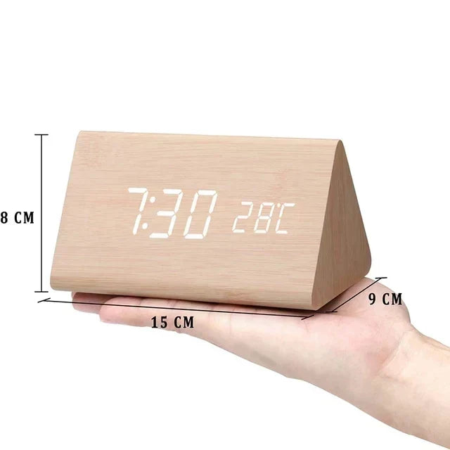 Wood-Style Digital Alarm Clock with LED Display & Voice Control – 3 Alarms, Adjustable Brightness & Temperature Display for Bedroom